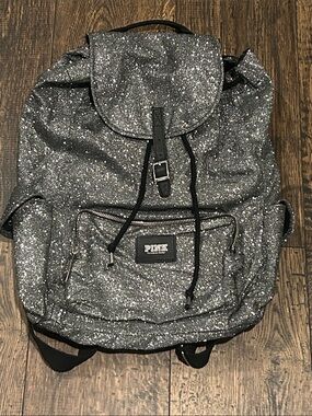 RARE Y2K Victoria's Secret PINK Gunmetal Glitter Drawstring Backpack